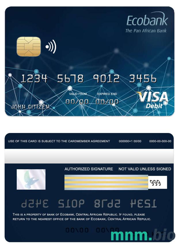 Central African Republic Ecobank bank przykład karty visa w formacie PSD